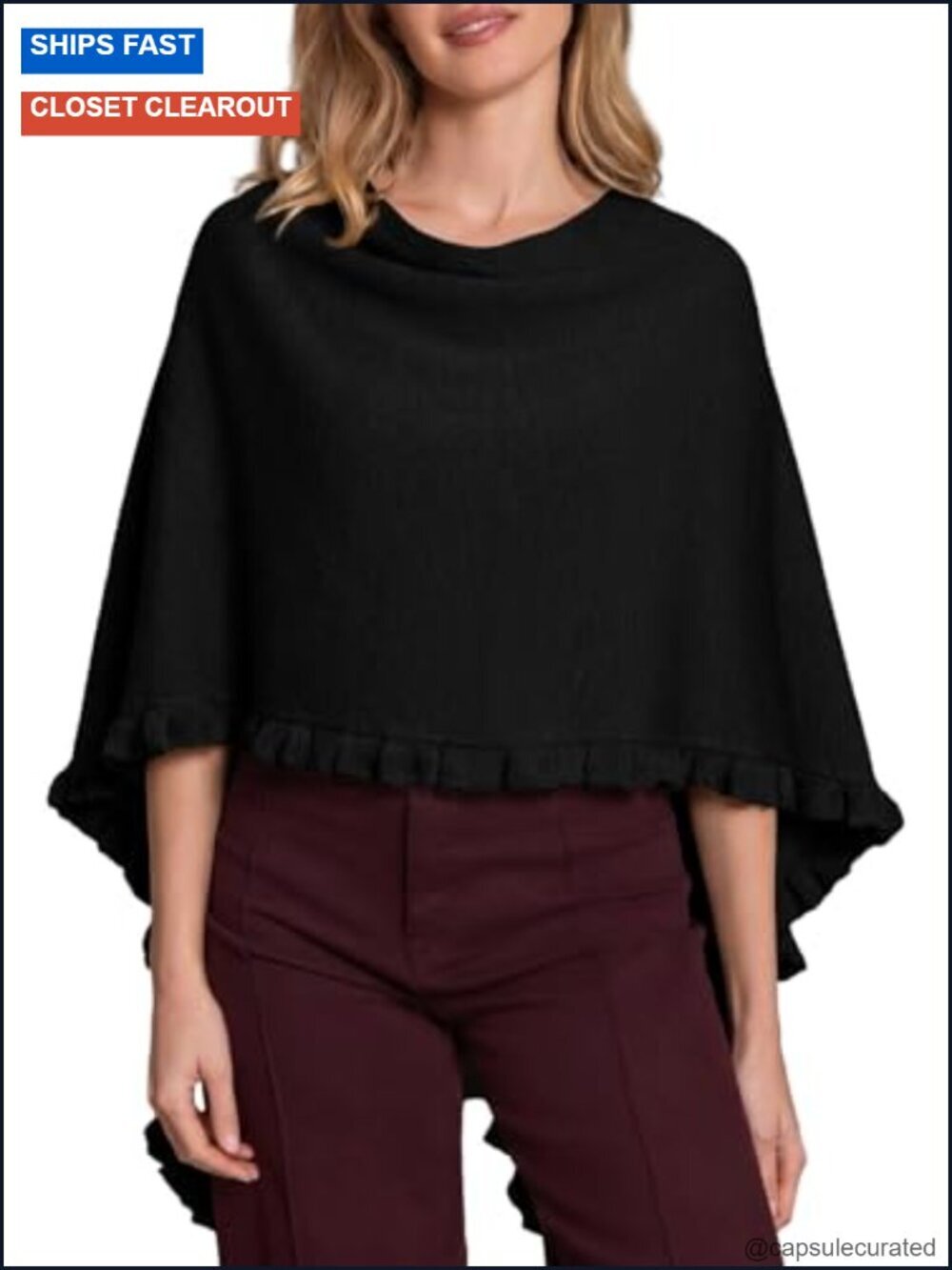 Lightweight Knit Poncho Sweater Ruffle Hem Boat Neck Long Sleeve